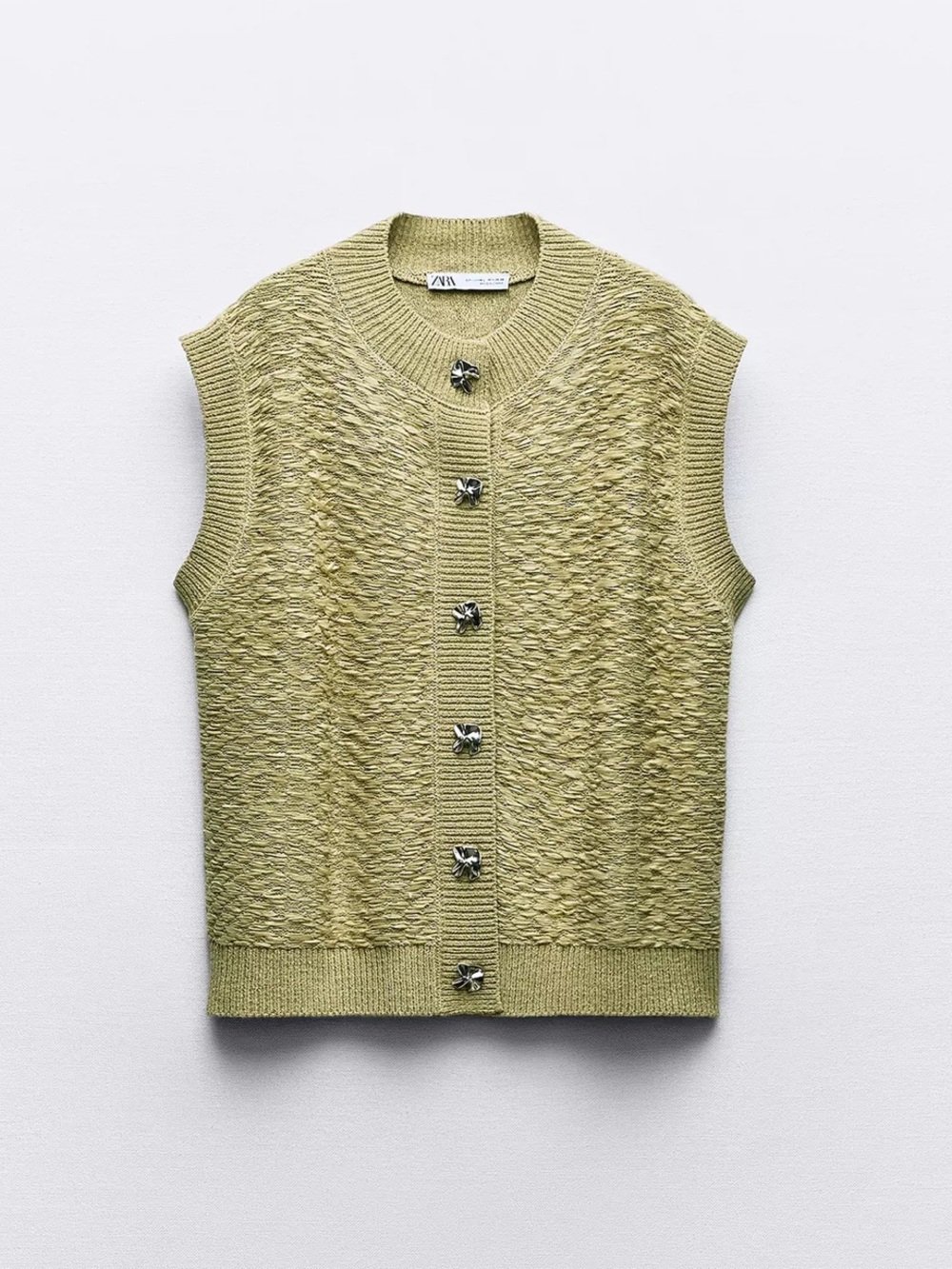 ZARA Light Olive Knit Sleeveless Cardigan with Decorative Buttons